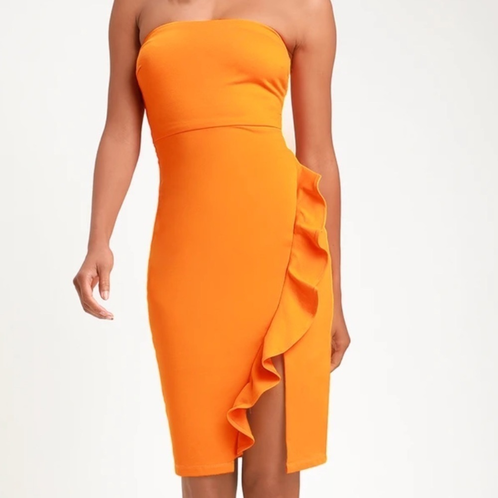 NWT Lulus Anika Ruffled Strapless BodyCon Dress Orange Size XS